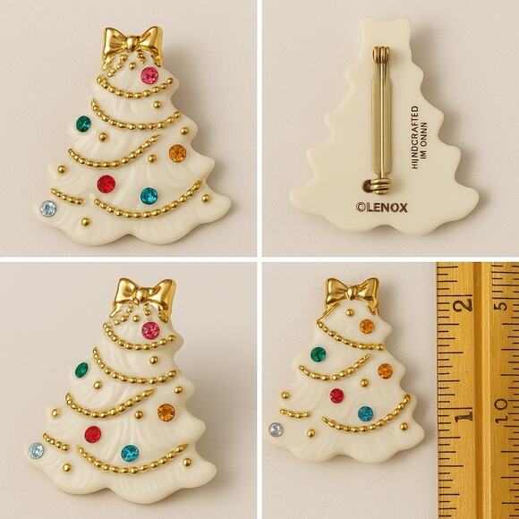 Lenox Porcelain Christmas Tree Brooch Pin Gold Trim Rhinestones Holiday - Picture 1 of 6